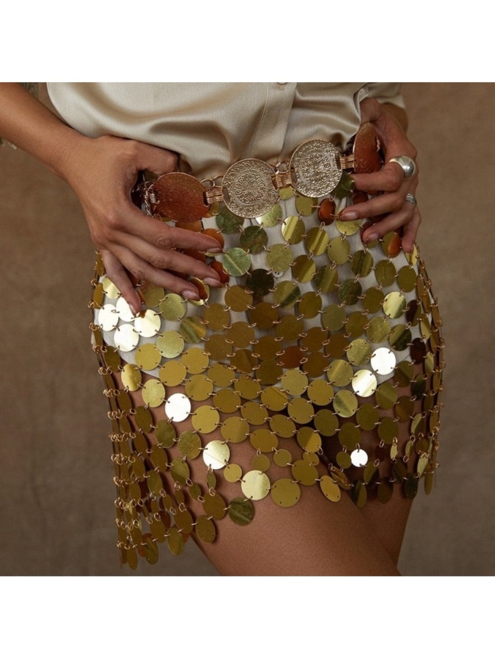 12th tribe Gold Sequin Disc Mini Skirt - Women's Metallic Party Skirt